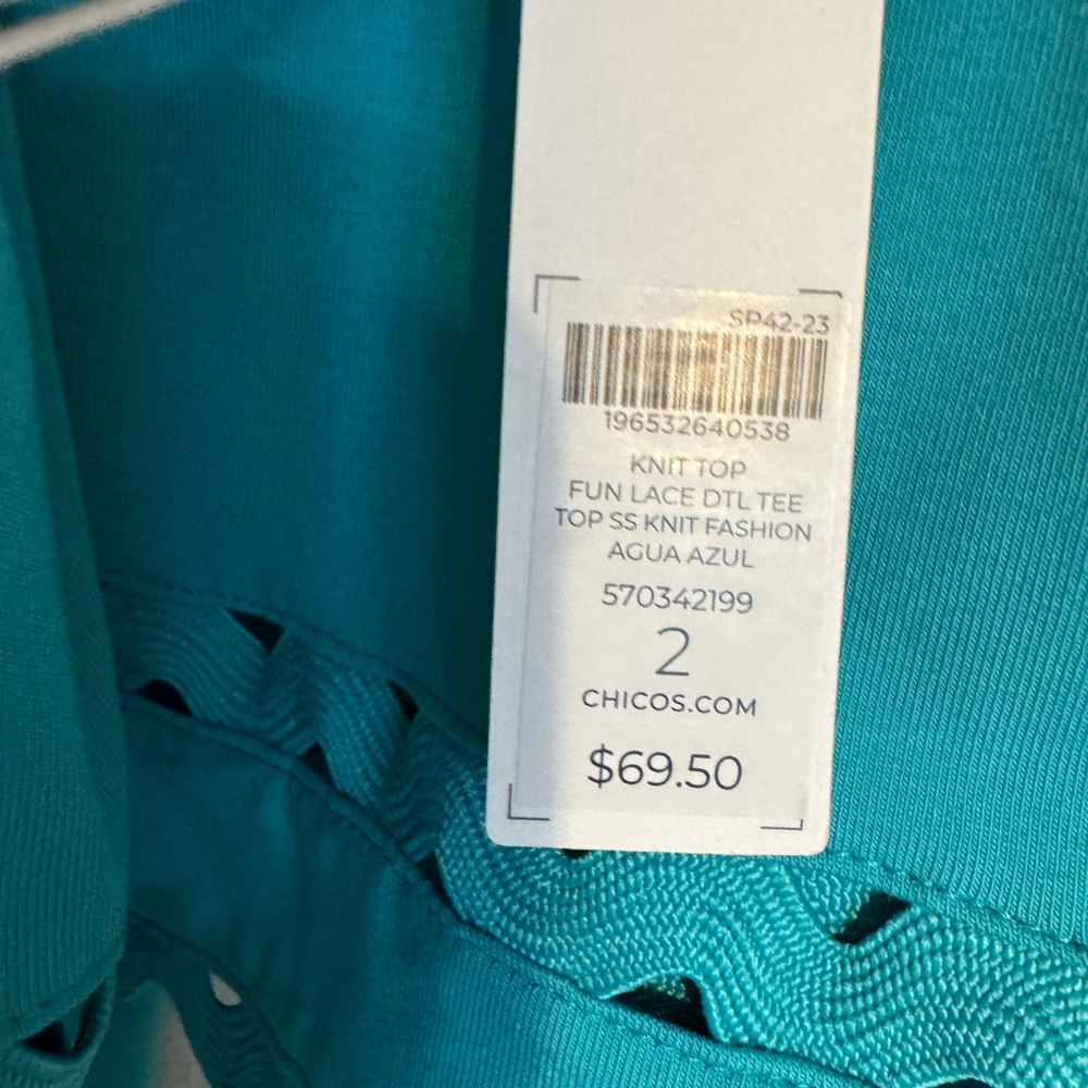 NWT RETAIL: $70  Chico's Teal Eyelet-Trim Top  LARGE      #K - Picture 8 of 8